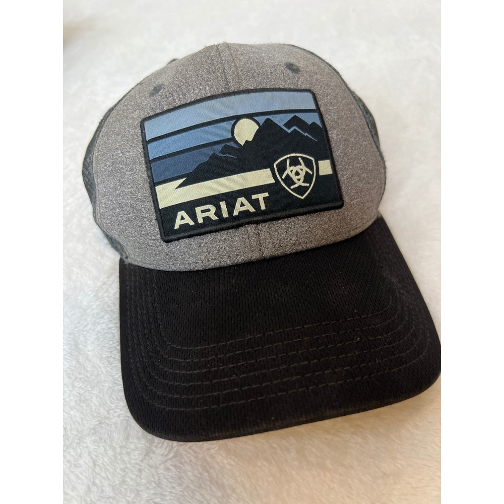 Ariat Mens Grey Black Mountain Patch Mesh Back Trucker Hat Snapback Cap